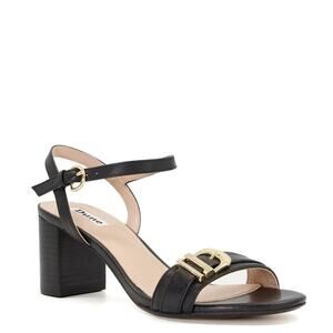 Dune‎ London Black Leather Block Heel Sandals with Gold Hardware 39